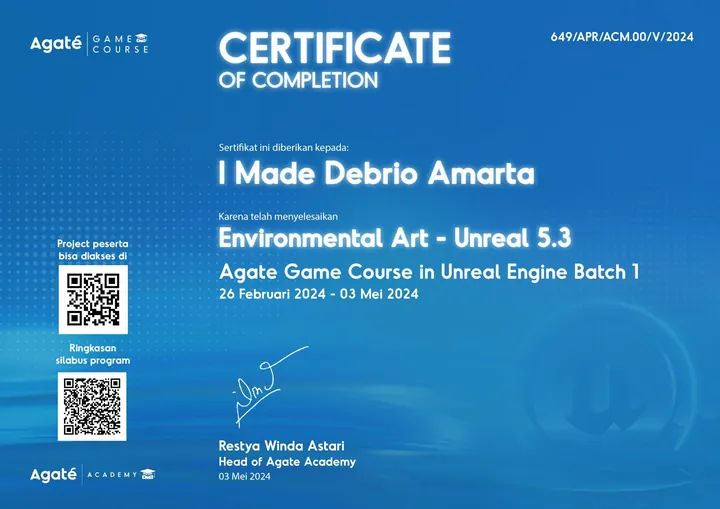 Environmental Art, Unreal 5.2 certificate, Agate Game Course
