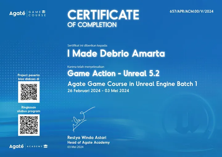 Game Action, Unreal 5.2 certificate, Agate Game Course