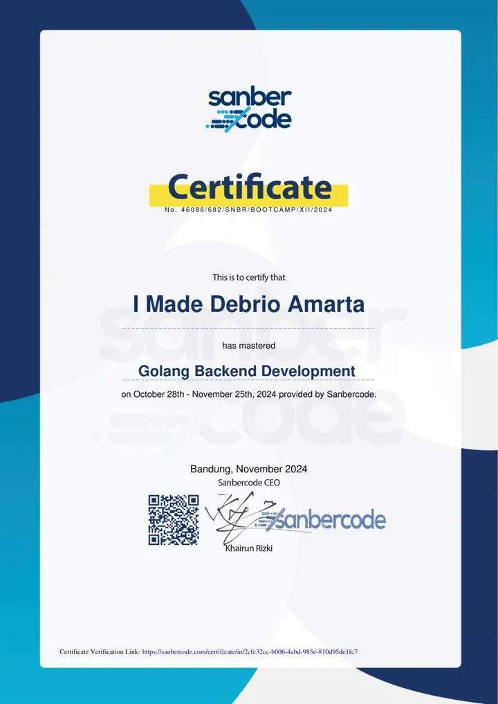 Golang Backend Development certificate, Sanbercode