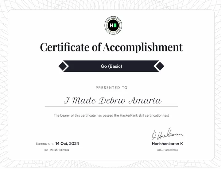 Go (Basic) certificate, HackerRank