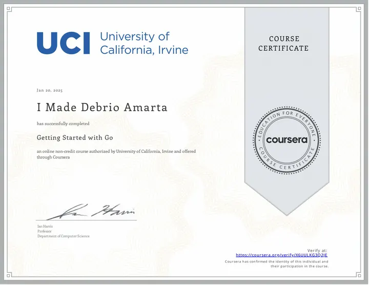 Getting Started with Go certificate, UC Irvine, via Coursera