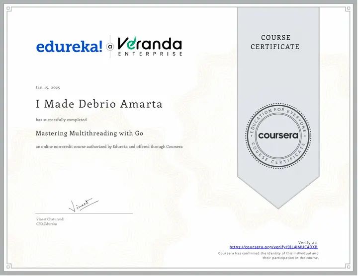 Mastering Multithreading with Go certificate, Edureka, via Coursera