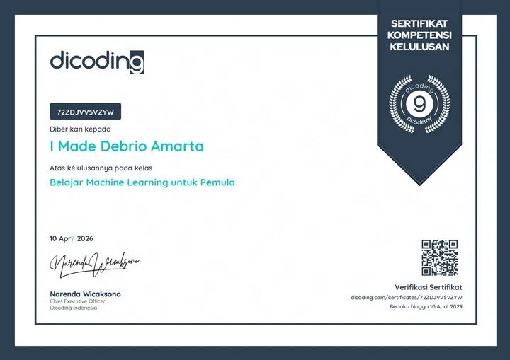 Machine Learning for Beginners certificate, Dicoding Academy