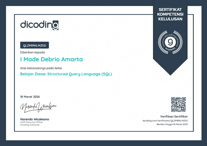 SQL Fundamentals certificate, Dicoding Academy