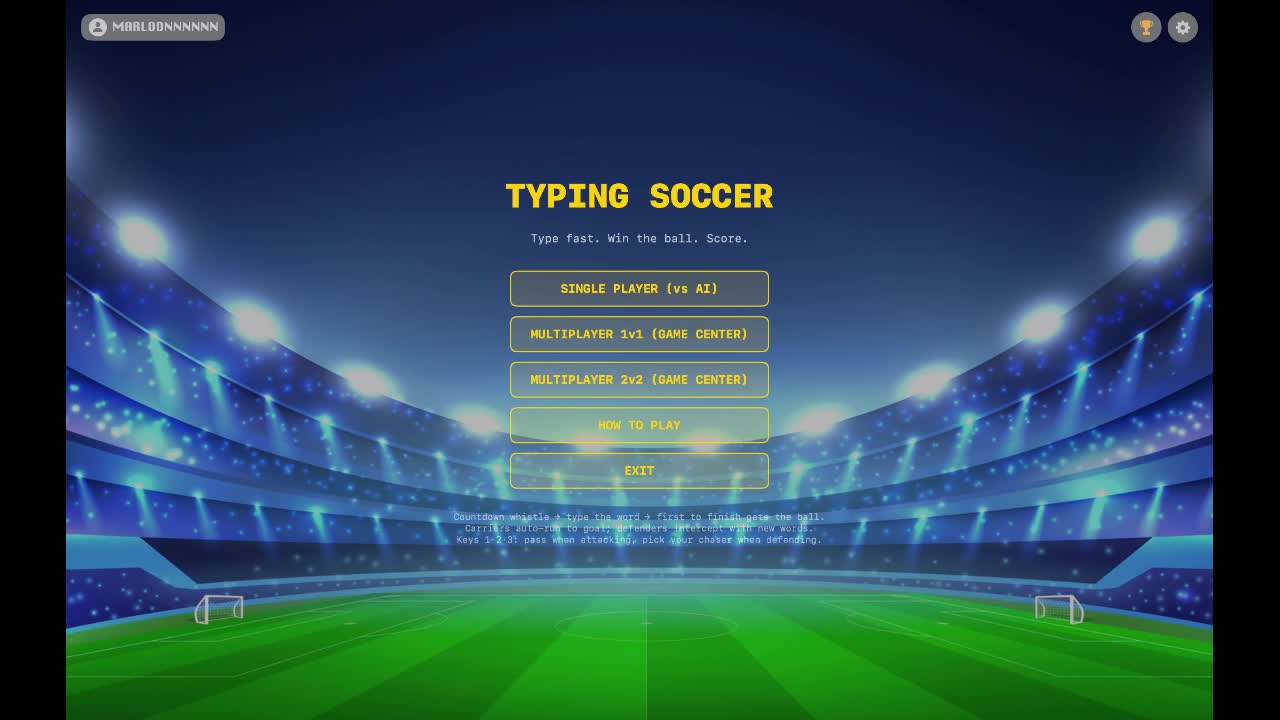Typing Soccer main menu displayed over a football stadium